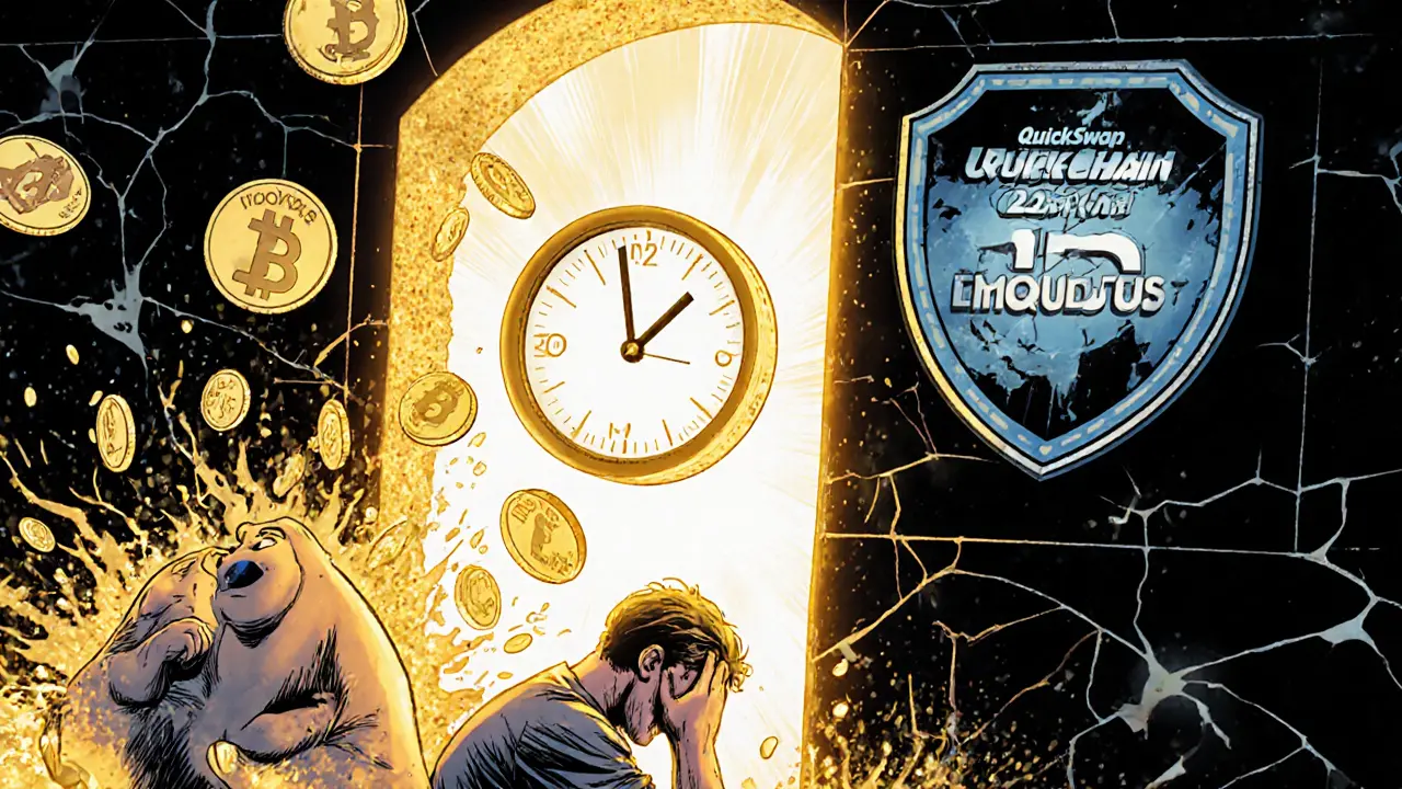 A glowing bridge transfers WDOGE tokens between blockchains, with one side failing as a clock ticks, QuickSwap logo shining on the other.