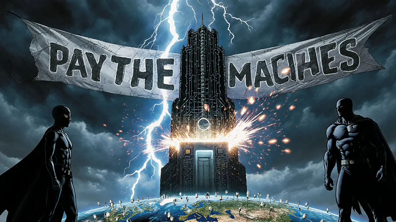 A glowing MXC Supernode stands against rival IoT networks in a dramatic comic battle.