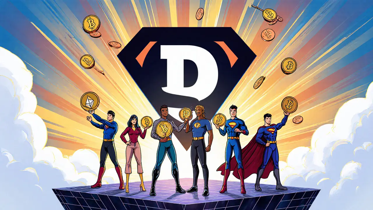 A group of users standing on a trading chart with the mySwap logo rising like a superhero emblem.