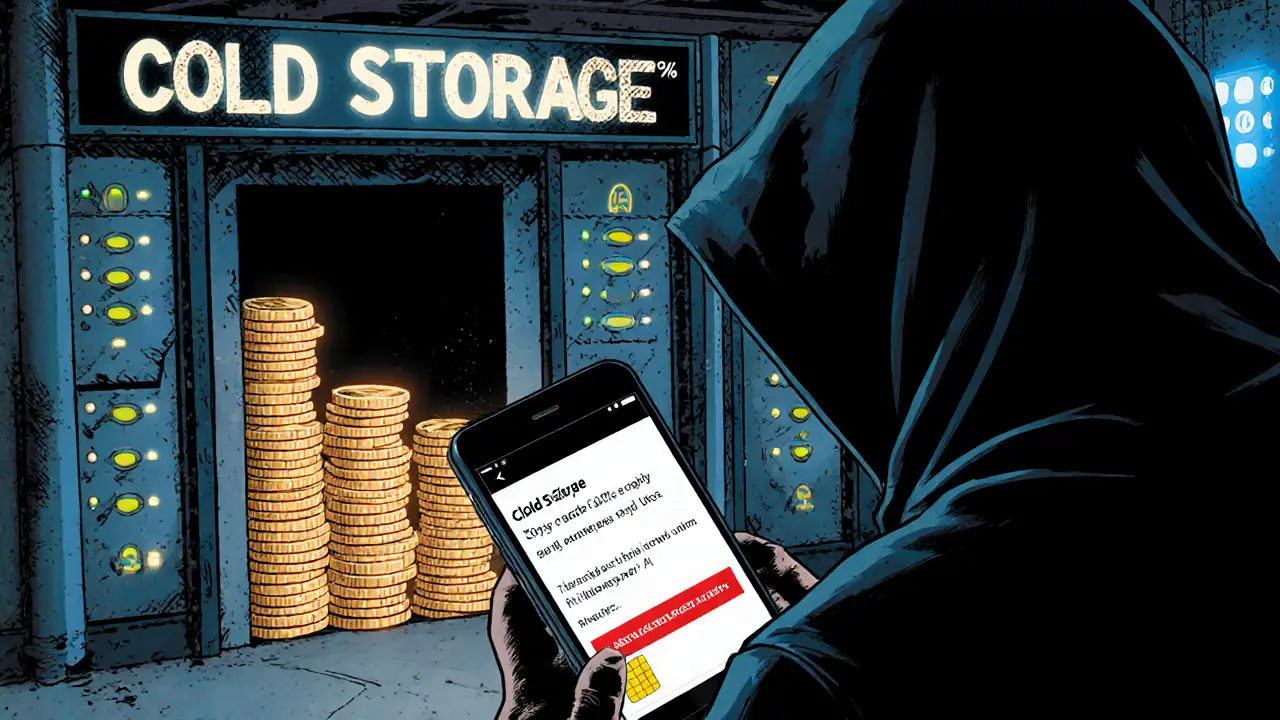 A hacker exploits a server room with mostly online crypto exposed, while a user’s SMS 2FA fails with a red alert.
