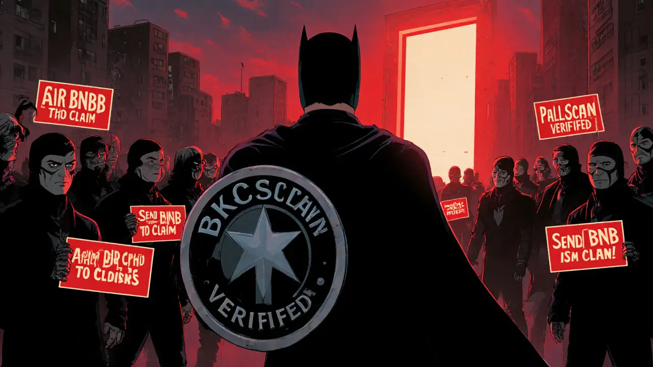 A hero defends against scam villains while a distant airdrop portal glows faintly in the background.