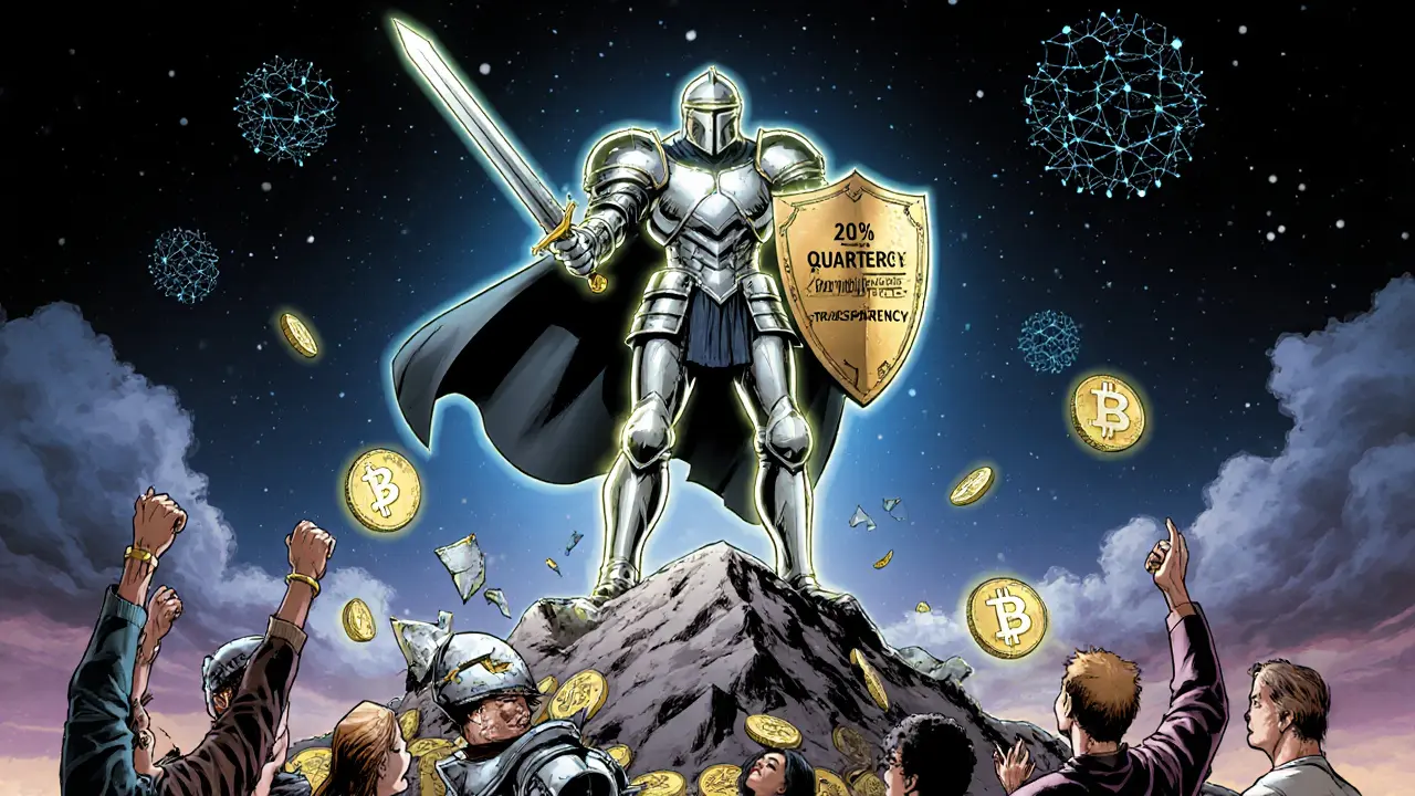 A knight made of HT tokens defends a mountain of crypto with a transparency sword, users cheering below as blockchain proofs shine in the sky.