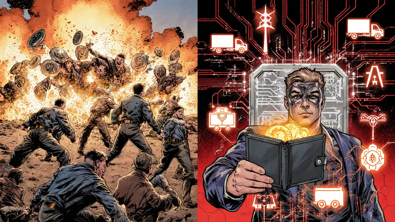 A loyal token holder keeps FUTURE tokens while others sell, surrounded by real-world project icons.