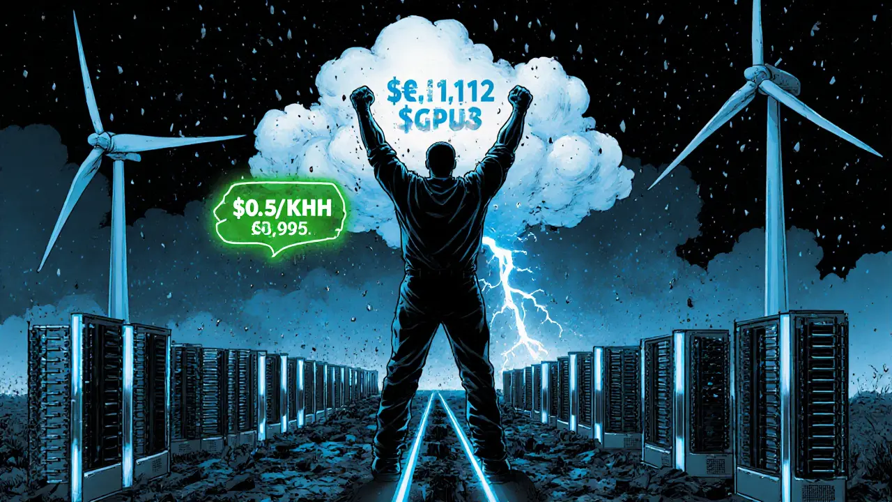 A miner standing proudly in a Texas wind farm beside efficient ASIC rigs, with low electricity cost glowing green and high-cost miners failing behind.