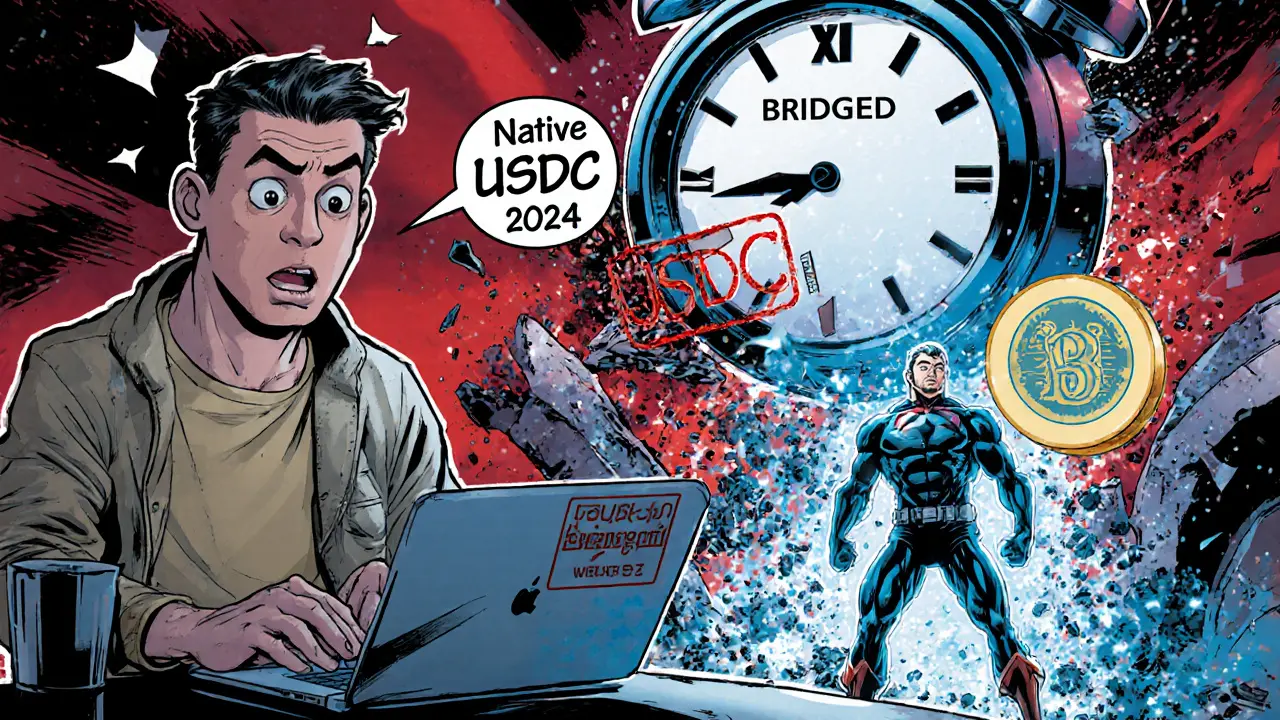 A panicked user stares at a wallet showing USDbC as a countdown clock ticks toward a deadline.