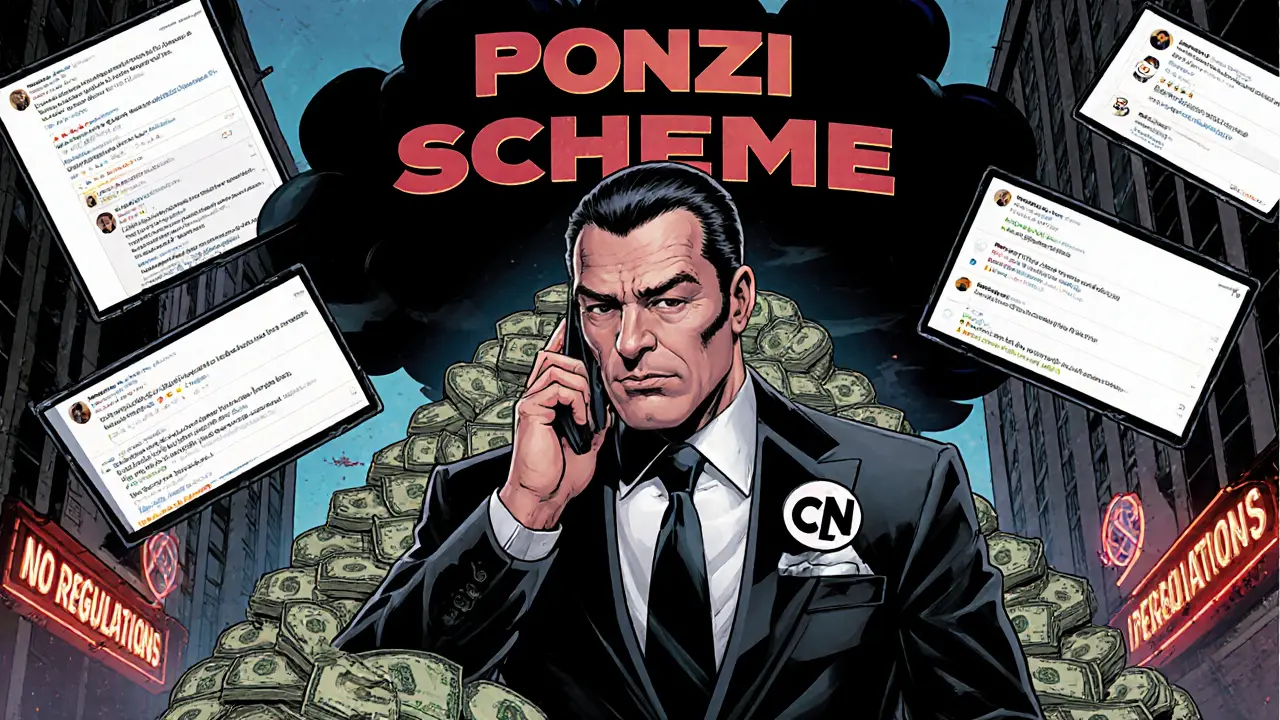 A sinister CEO whispering into a phone, surrounded by fake reviews and a CNX token pyramid labeled &#039;Ponzi Scheme&#039;.