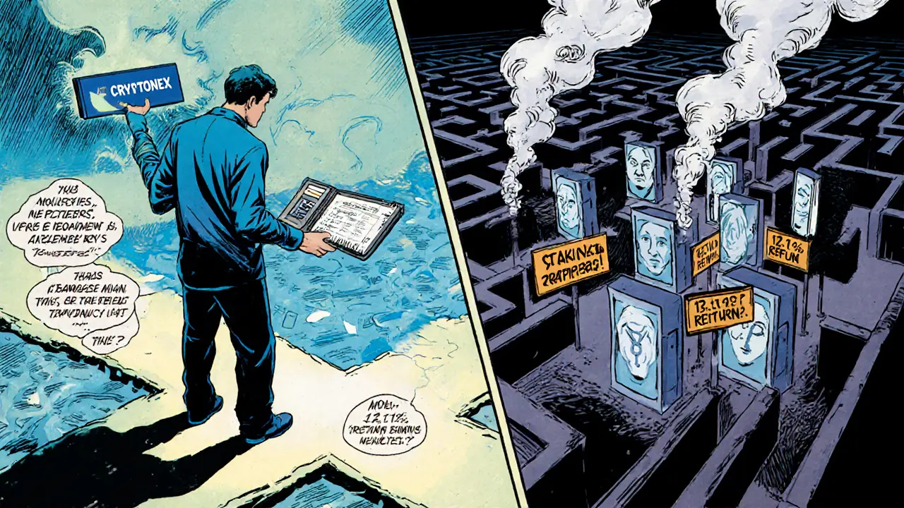 A trader at a crossroads choosing between a safe, regulated exchange path and a crumbling maze of deceptive promises.