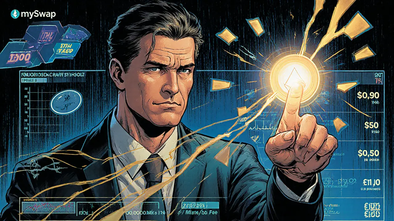 A trader clicking a one-click rebalance button as price ranges shift dynamically on a holographic dashboard.