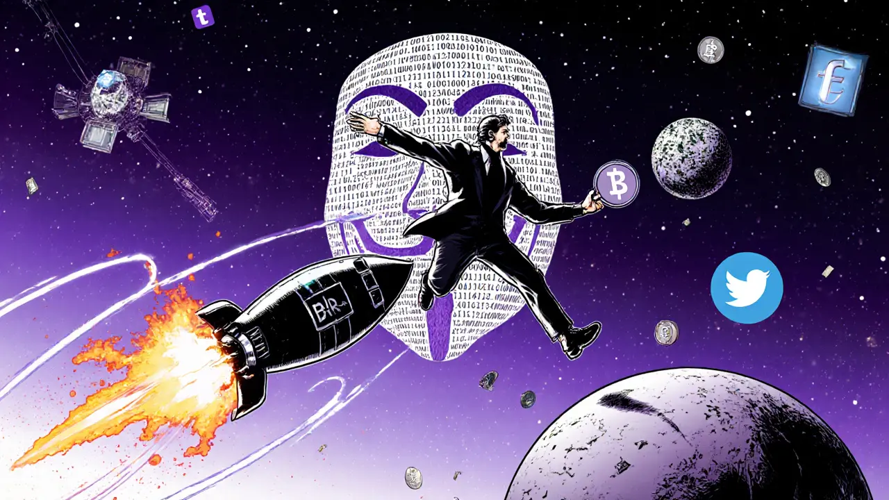 A trader leaps between blockchain chains as a diamond token burns, watched by a face made of code in the sky.