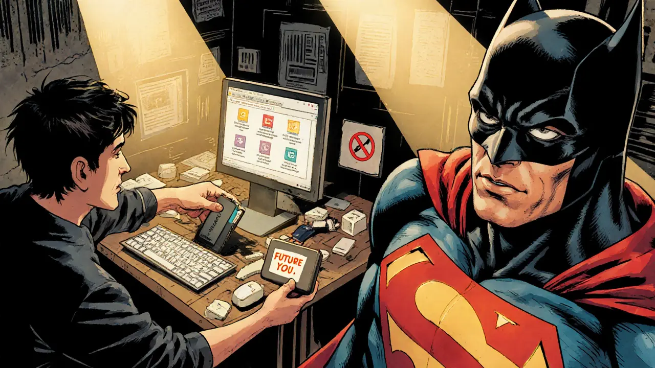 A user handing a hardware wallet to &#039;Future You&#039; while leaving behind the simple Paritex platform.