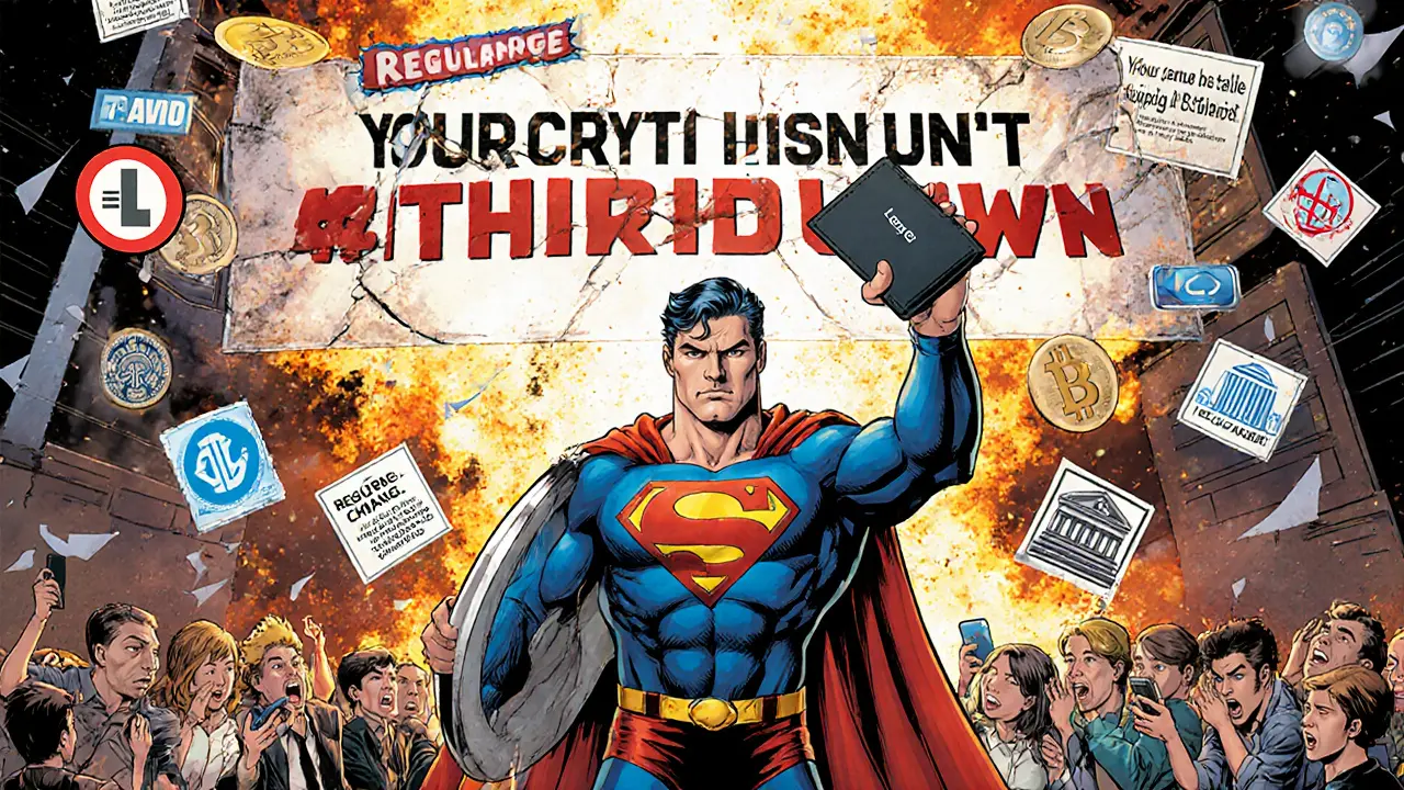 A user holds a hardware wallet as a shield against exploding exchanges and regulatory chaos, standing strong amid digital destruction.
