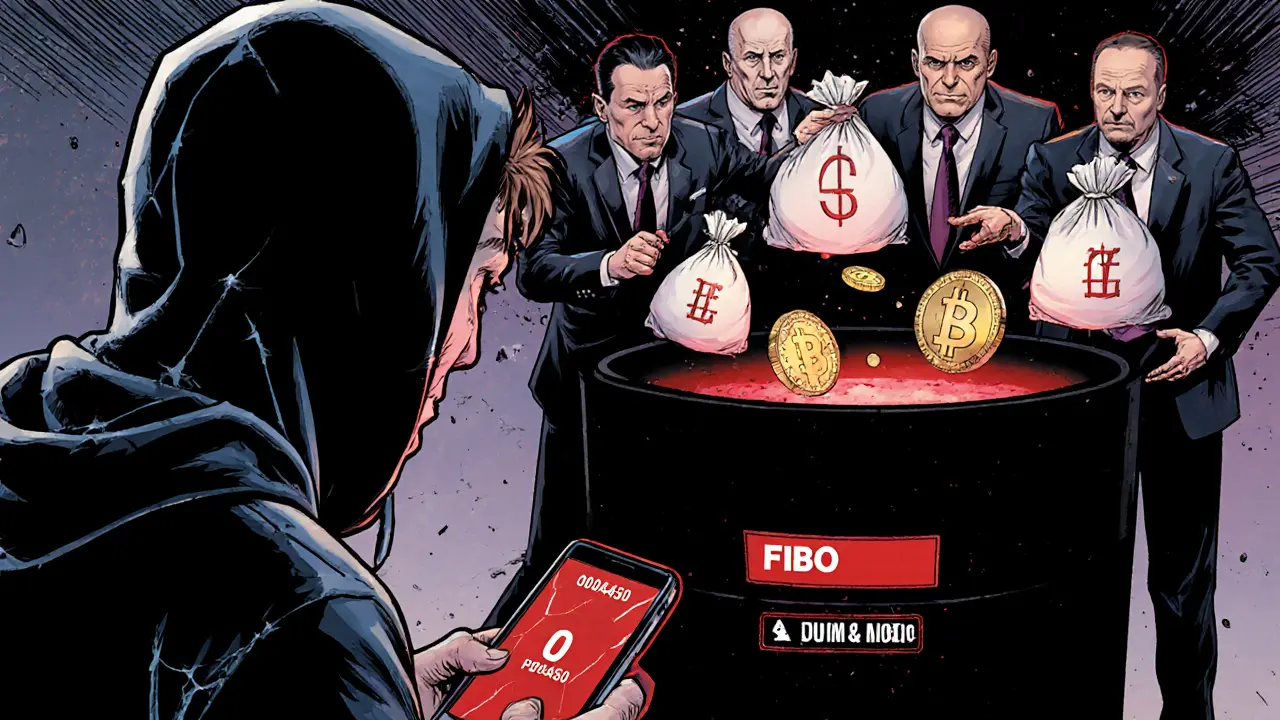 An investor stares at a zero-volume FIBO price on a cracked screen as shadowy figures dump coins into a black hole.