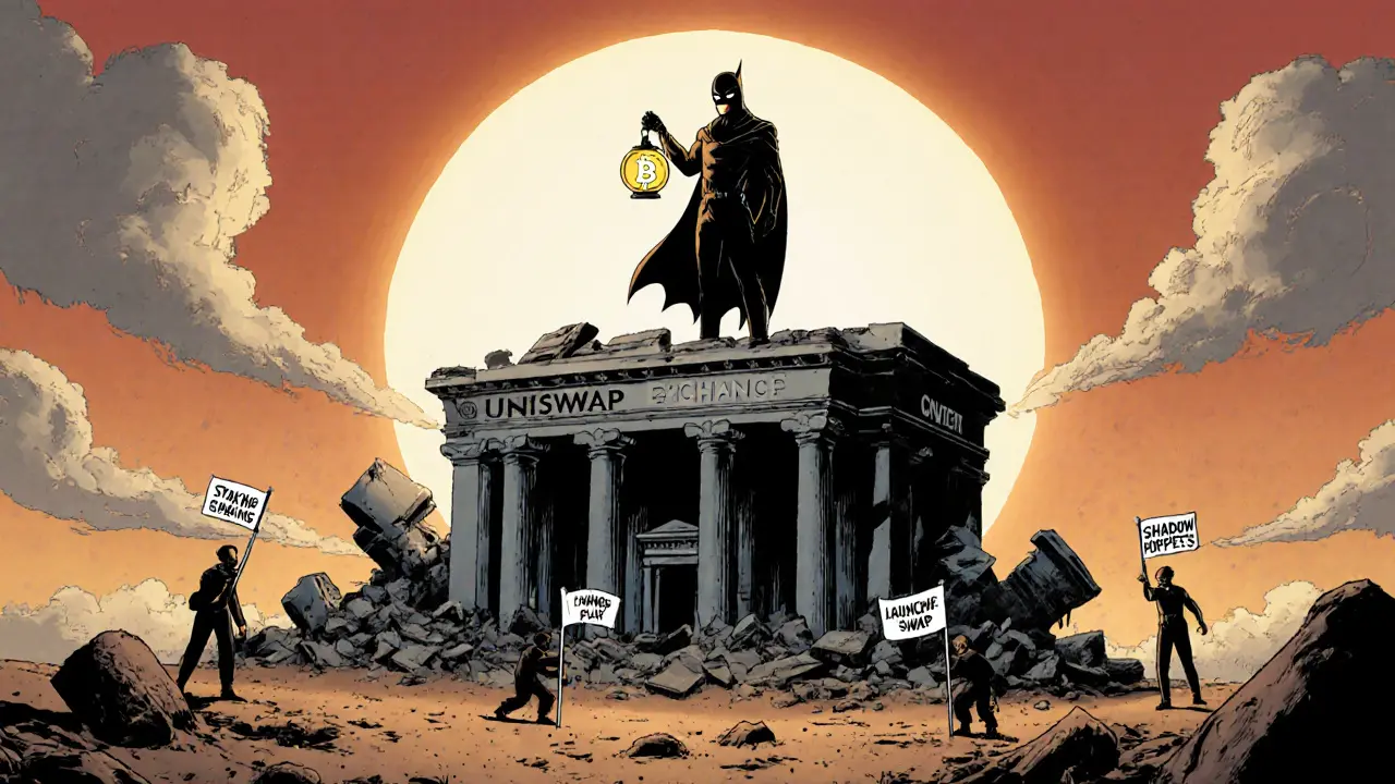 Anonymous team figure atop fallen giants, lighting up the new Core blockchain with SHDW token as users build DeFi features below.