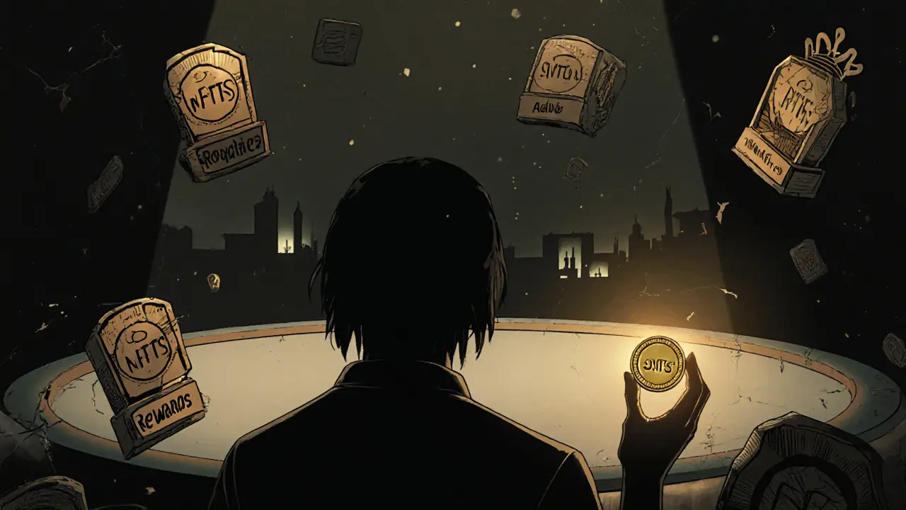Artist stares at empty reward icons, faint SVTS token glowing in hand as competitors shine afar.