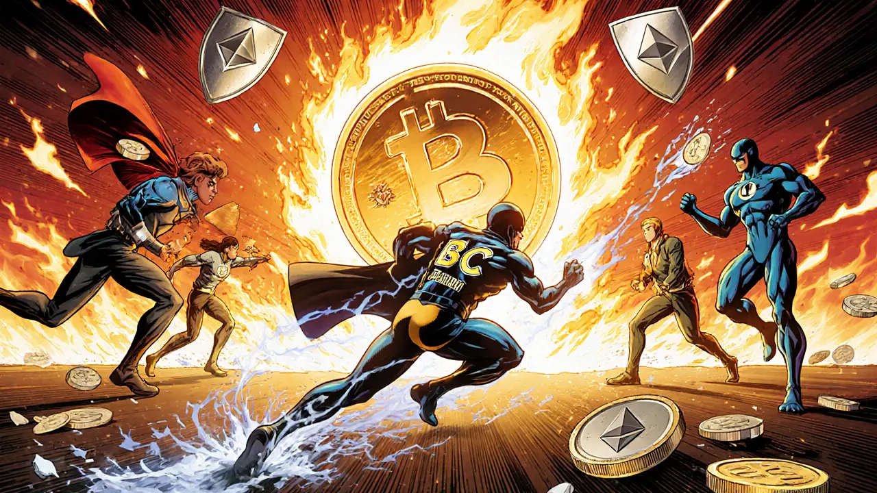 BSC speedster racing past slow Ethereum and Solana competitors while CAKE tokens burn in a fiery vortex.