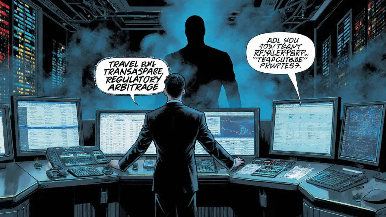 Compliance officer monitoring crypto regulations in a high-tech control room.