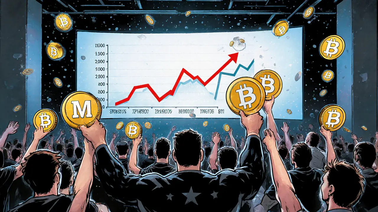 Crowd voting MX tokens at MEXC Exchange with a rising HUSL token graph on giant screens.