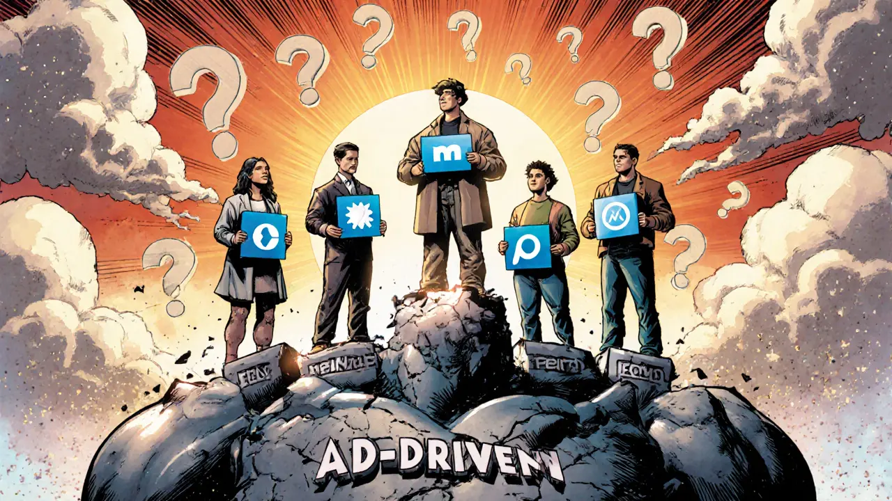 Diverse users on a blockchain island as a corporate social media giant collapses below.