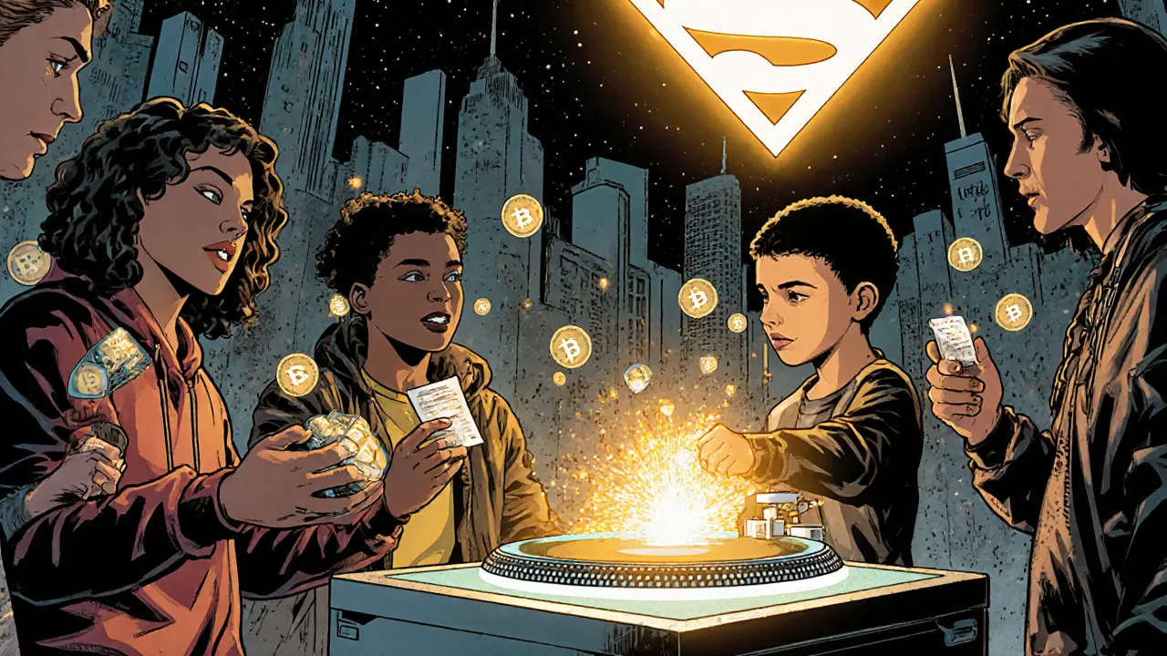 Fans buying music NFTs in a futuristic marketplace with holographic beats and commercial rights contracts.