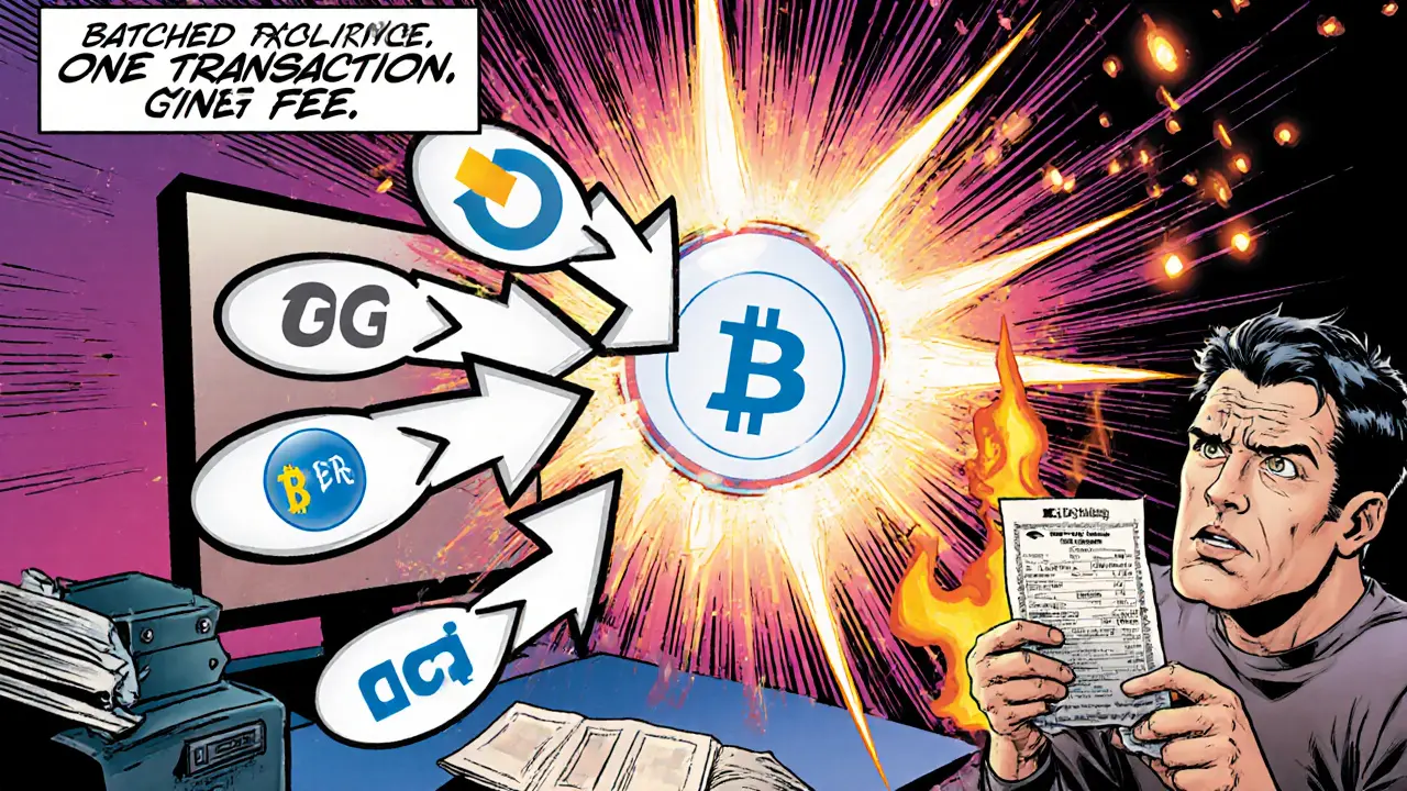 Five payment arrows merging into one efficient blockchain transaction, wallets visible on screen.