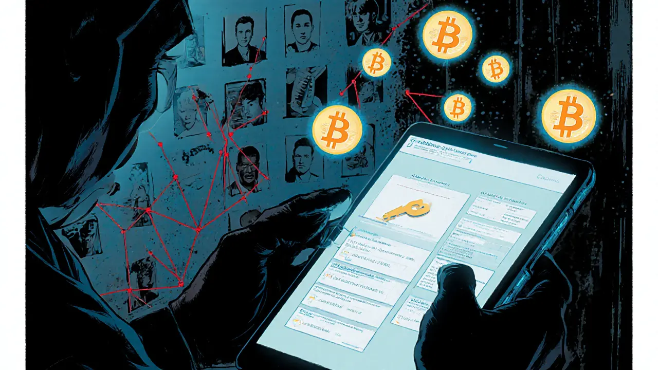 Forensic officer extracts crypto keys from a phone, holographic Bitcoin symbols float nearby.
