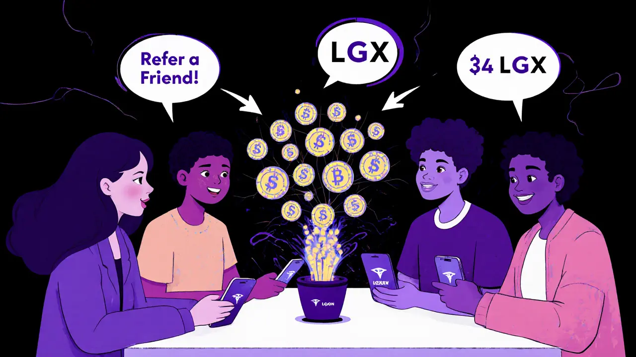 Friends using phones to refer each other to Legion Network, token rewards multiplying in comic style.