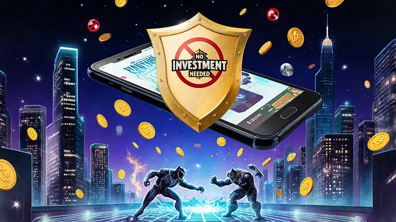 Futuristic app interface above a city with gaming characters and LGX tokens raining down, protected from scams.