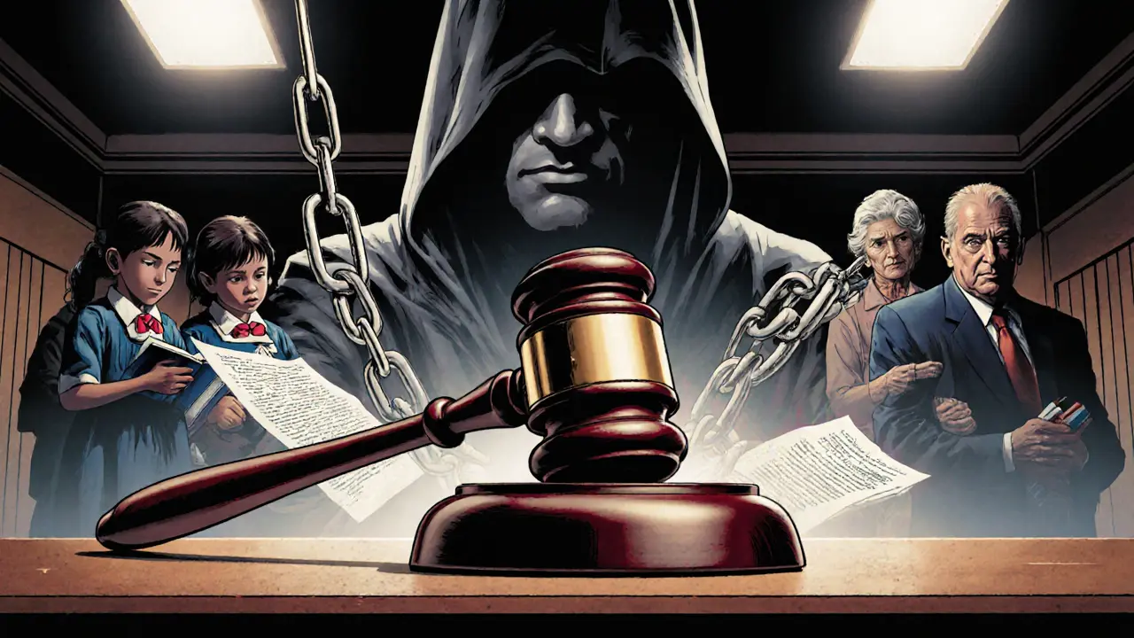 Gavel falls in court as chains and ghostly remittance images surround the defendant.