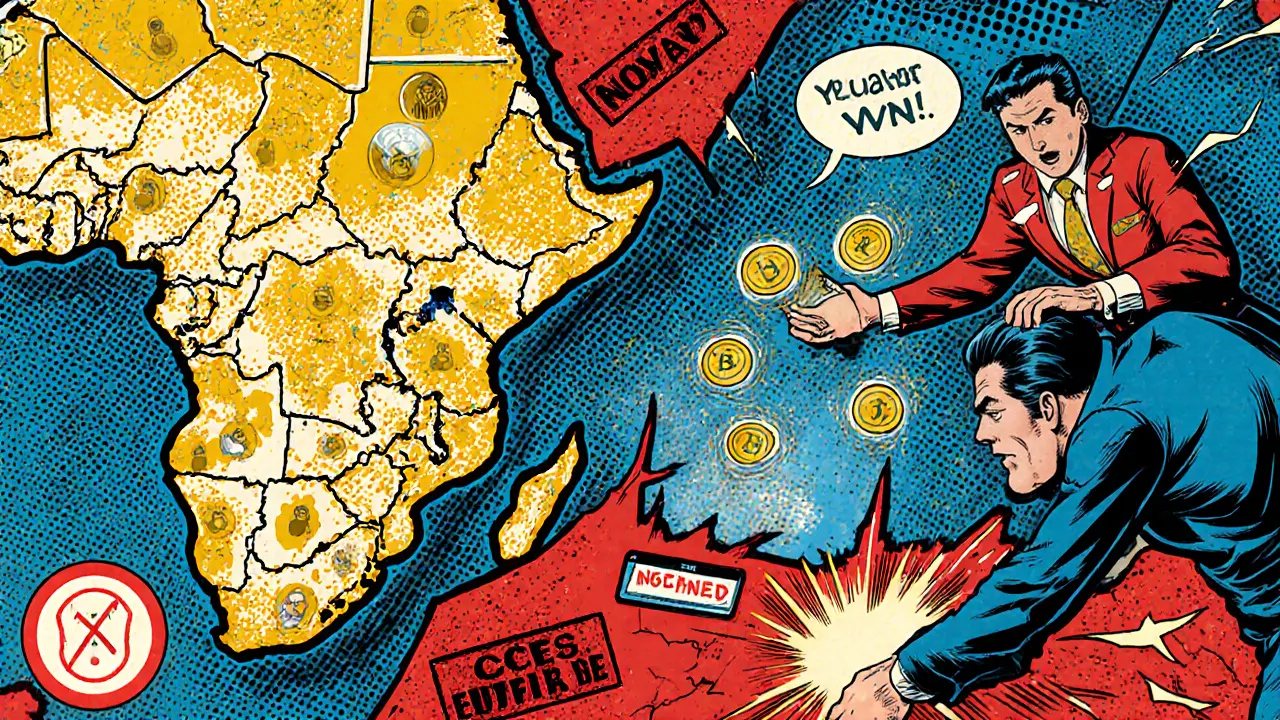 Global map showing growth in Asia, Africa, and Latin America, with red barriers blocking access to the U.S. and China.