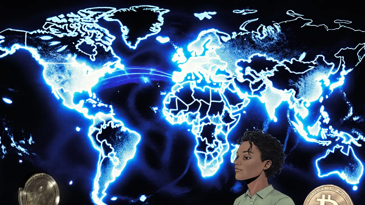 Global USDC transfers glowing across a map, Layer 2 bridges above, savings swirling as confetti.