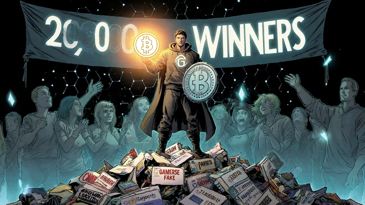 Hero holding ART token atop scam websites, with winners cheering in background.