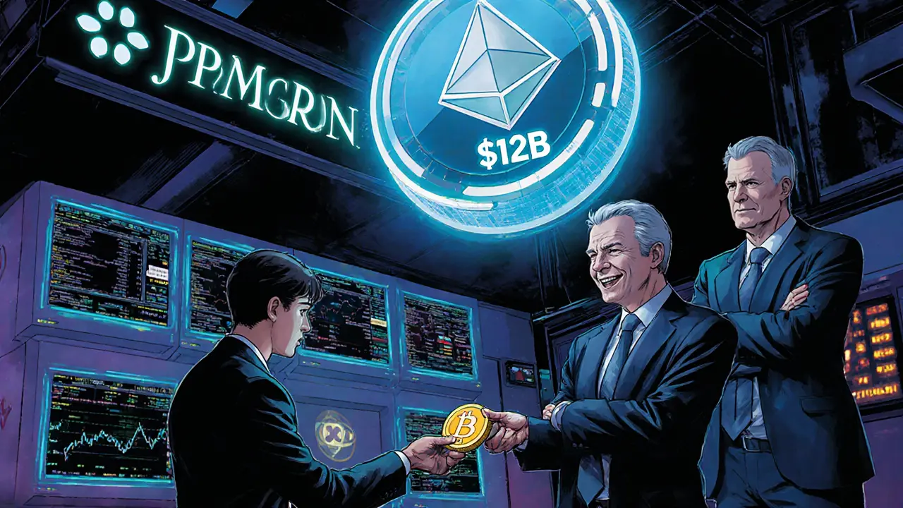 Institutional traders monitor Ethereum DeFi and stablecoin data on holographic dashboards in a futuristic finance hub.