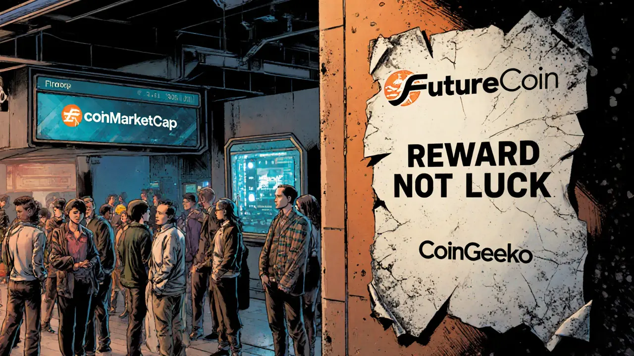 Modern crypto users interact with airdrop tech as a faded FutureCoin poster peels off a wall.