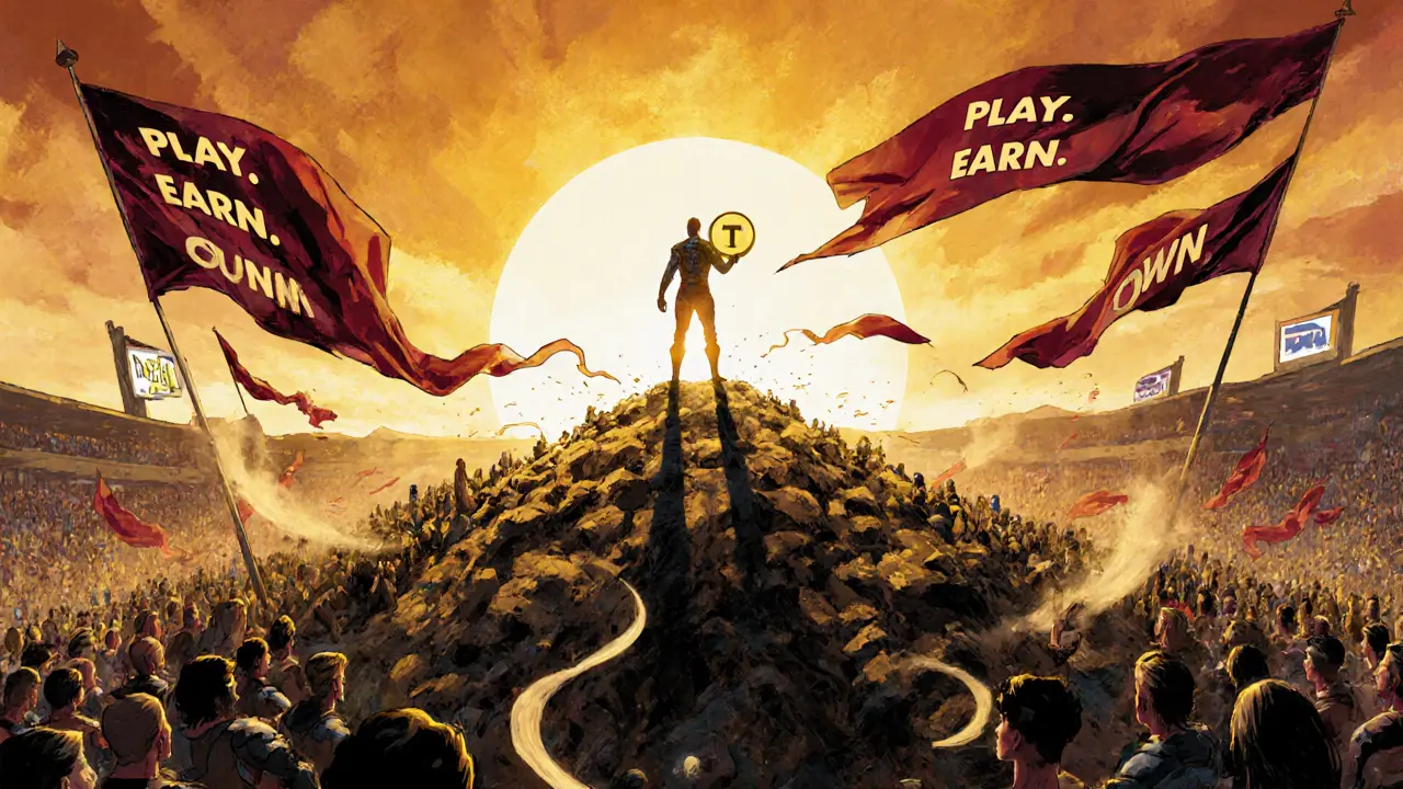 Player stands atop NFT heroes holding THG token as dawn rises over active players.