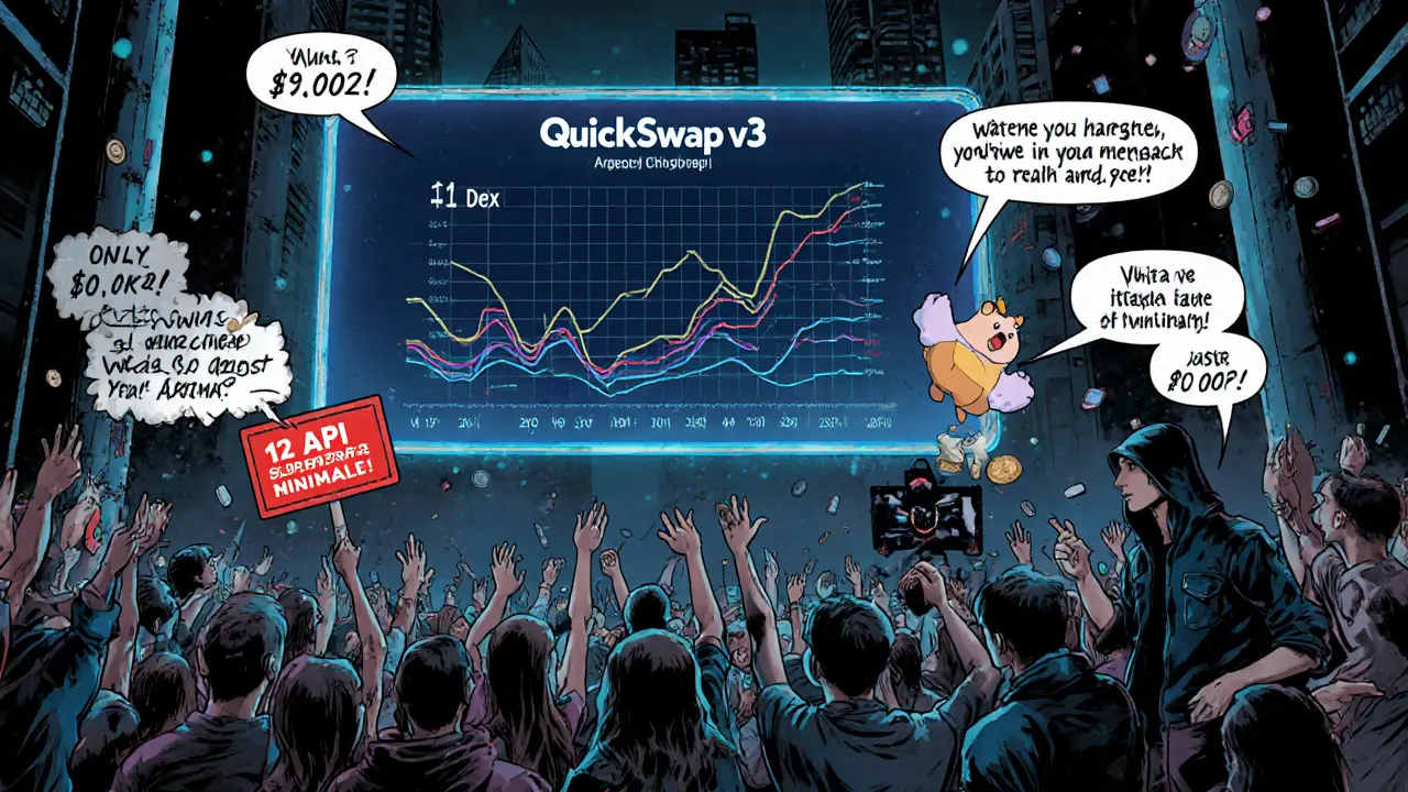 QuickSwap v3 dominates DogeChain as users celebrate, rival DEXs fade behind, a hacker tries to exploit system glitches in the shadows.