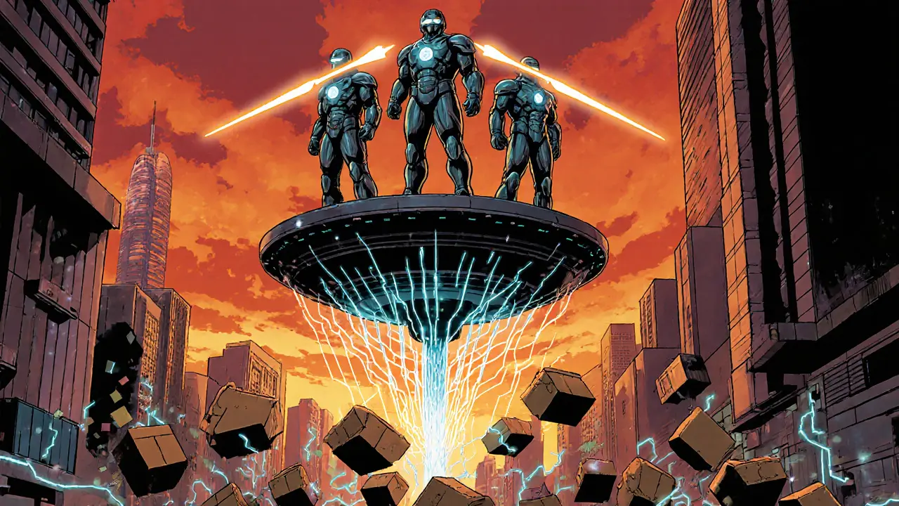 Regulators atop blockchain tower scanning transactions as small crypto firms collapse below.