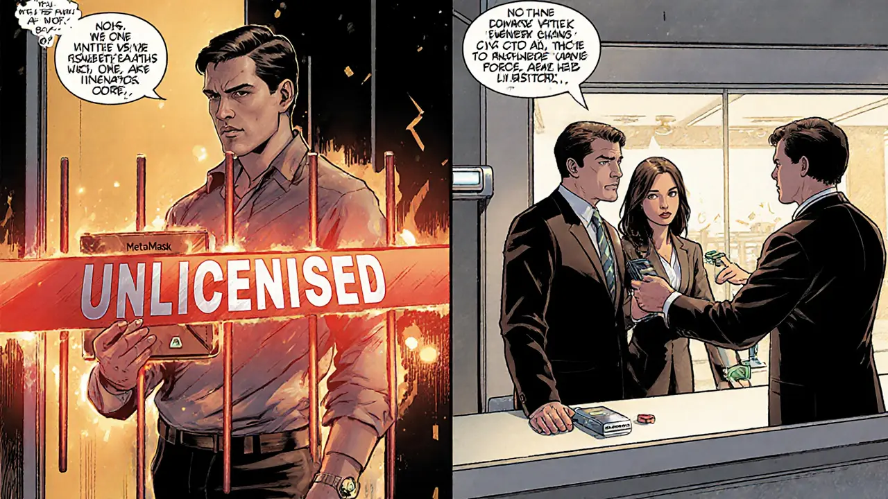 Retail investor blocked from unlicensed exchange while professional passes dual-approval check.