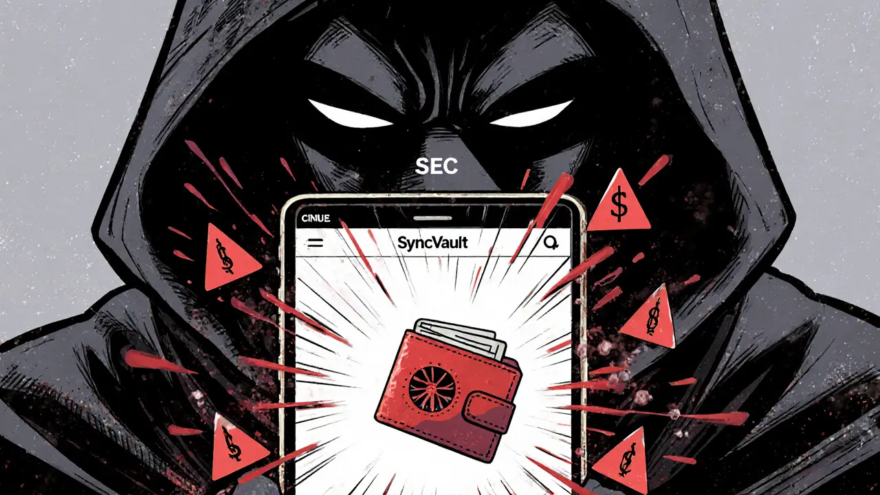 SEC shadow looms over flickering SyncVault app, warning symbols bursting from screen.