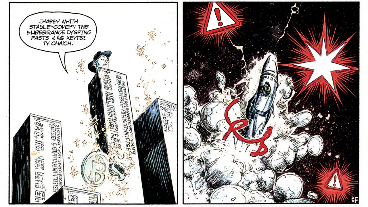 Split-panel showing calm stablecoin liquidity provider versus panicked volatile pair trader in comic book style.