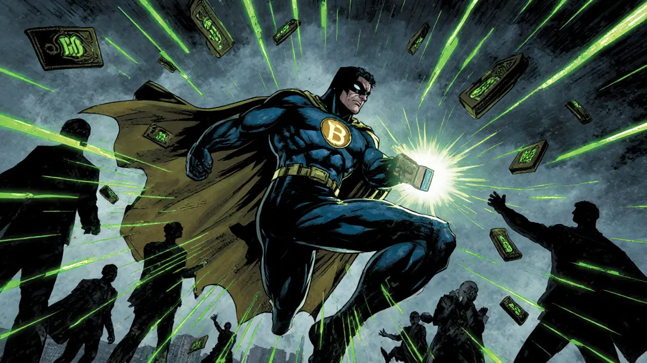 Tax Authority superhero scanning crypto wallets with blockchain cape in stormy Lisbon.