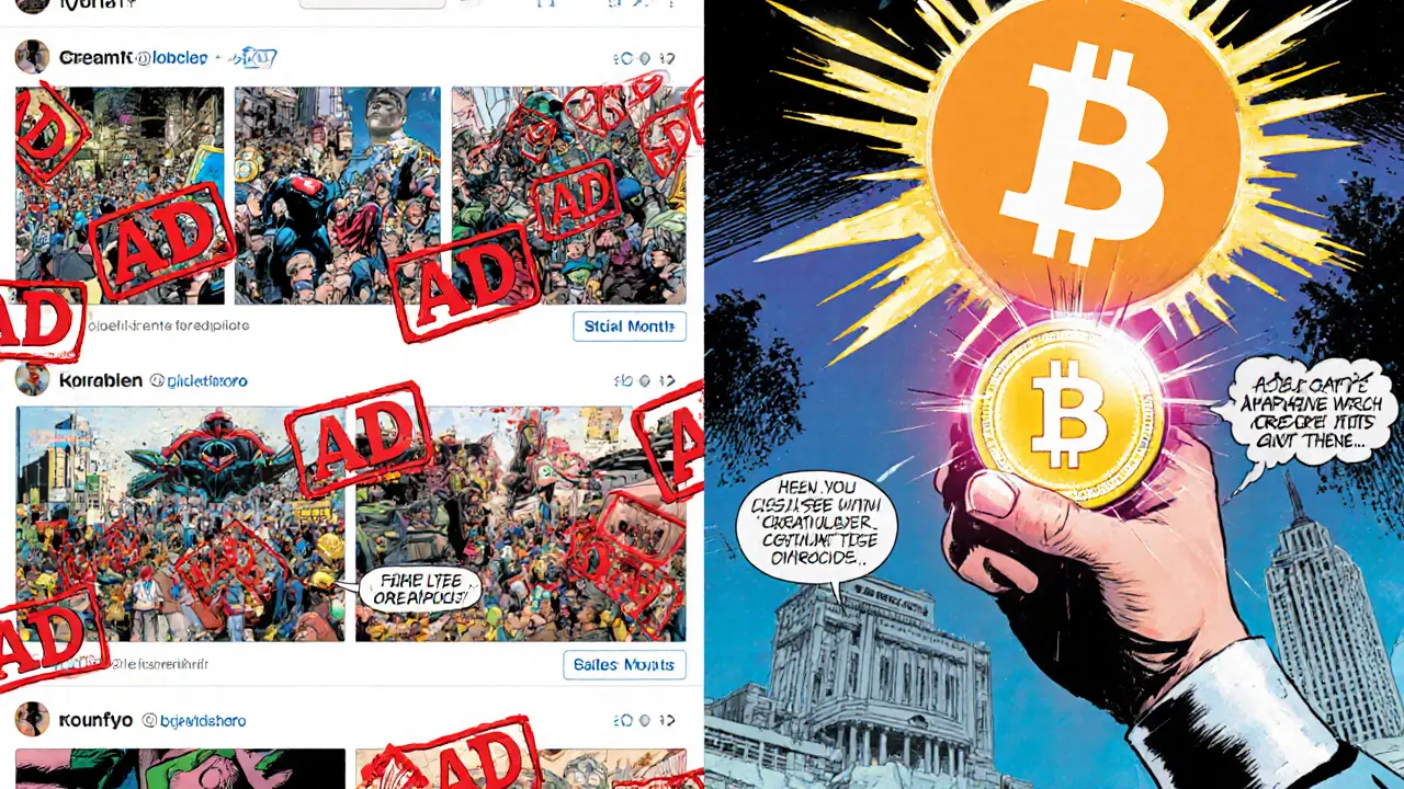 Two contrasting social media feeds: corporate ad-filled vs. blockchain-powered token earnings.