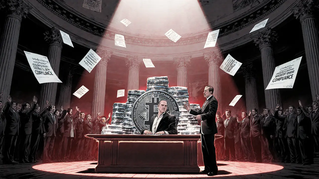 U.S. Senate signing the GENIUS Act as corporate leaders applaud a giant Bitcoin hologram.