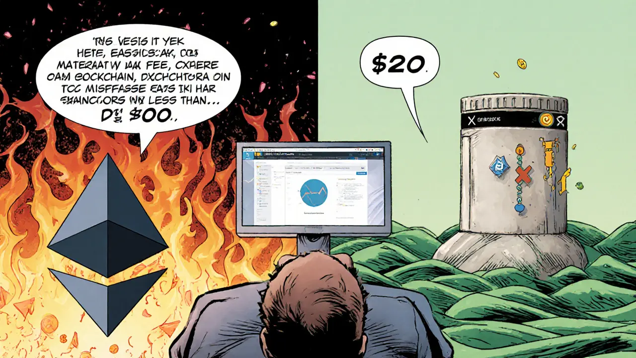 User connecting wallet to ShadowSwap, contrasting high Ethereum fees with low Core transaction costs.