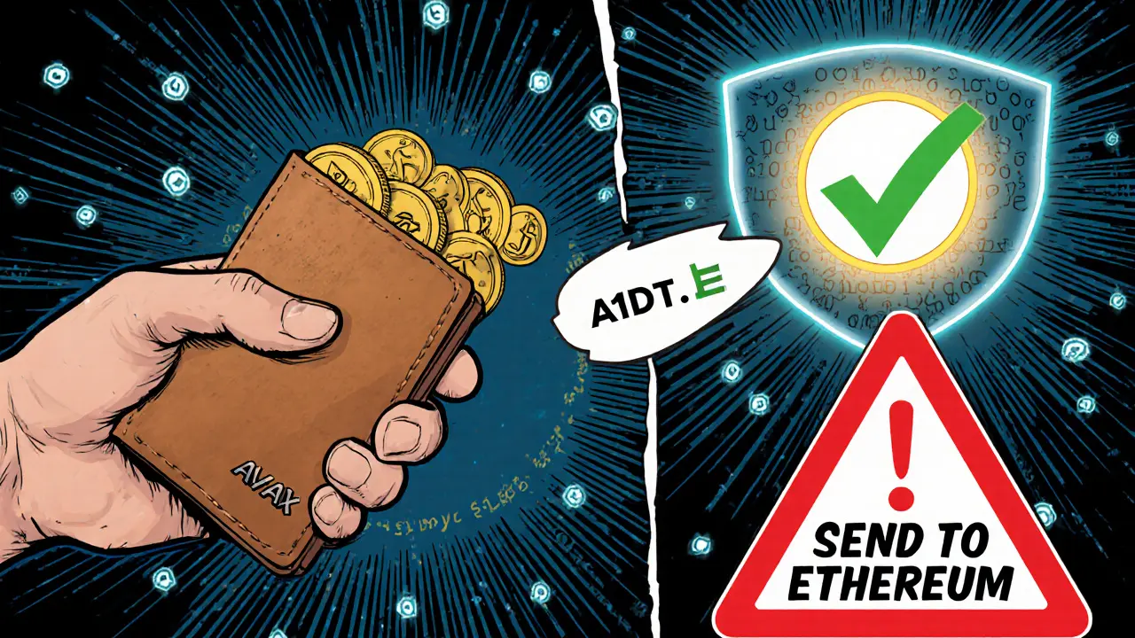 Wallet bridging USDT to Avalanche with warning sign flashing &#039;Do Not Send to Ethereum&#039;.