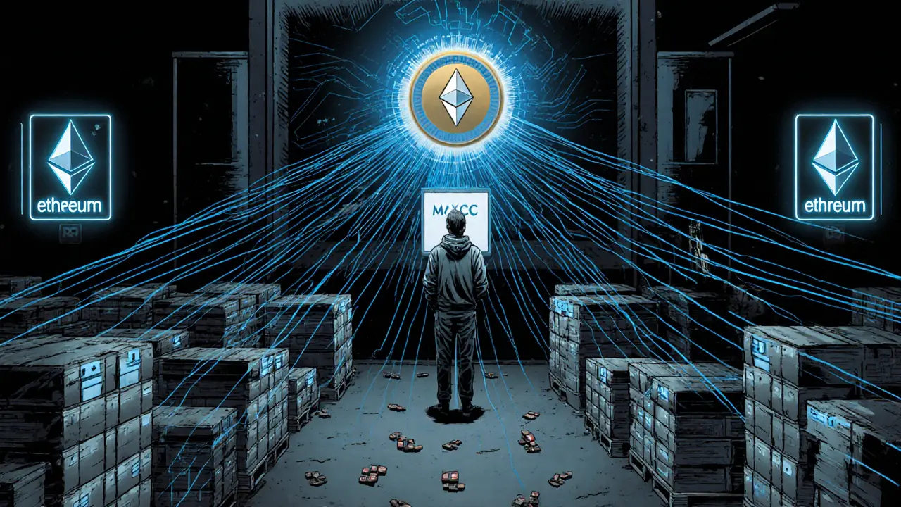 Warehouse pallets send data trails to a blockchain node while someone stakes MXC tokens.