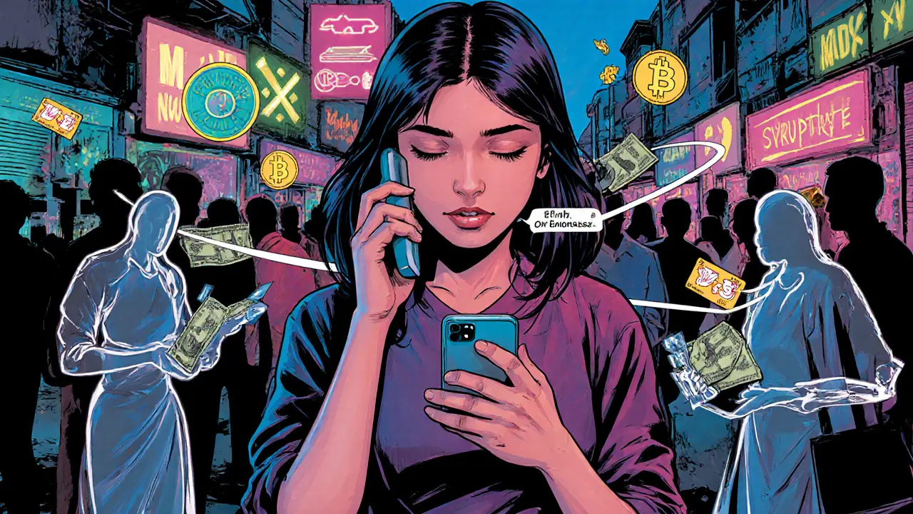 Woman exchanging cash for crypto in a bustling market using a hidden VPN