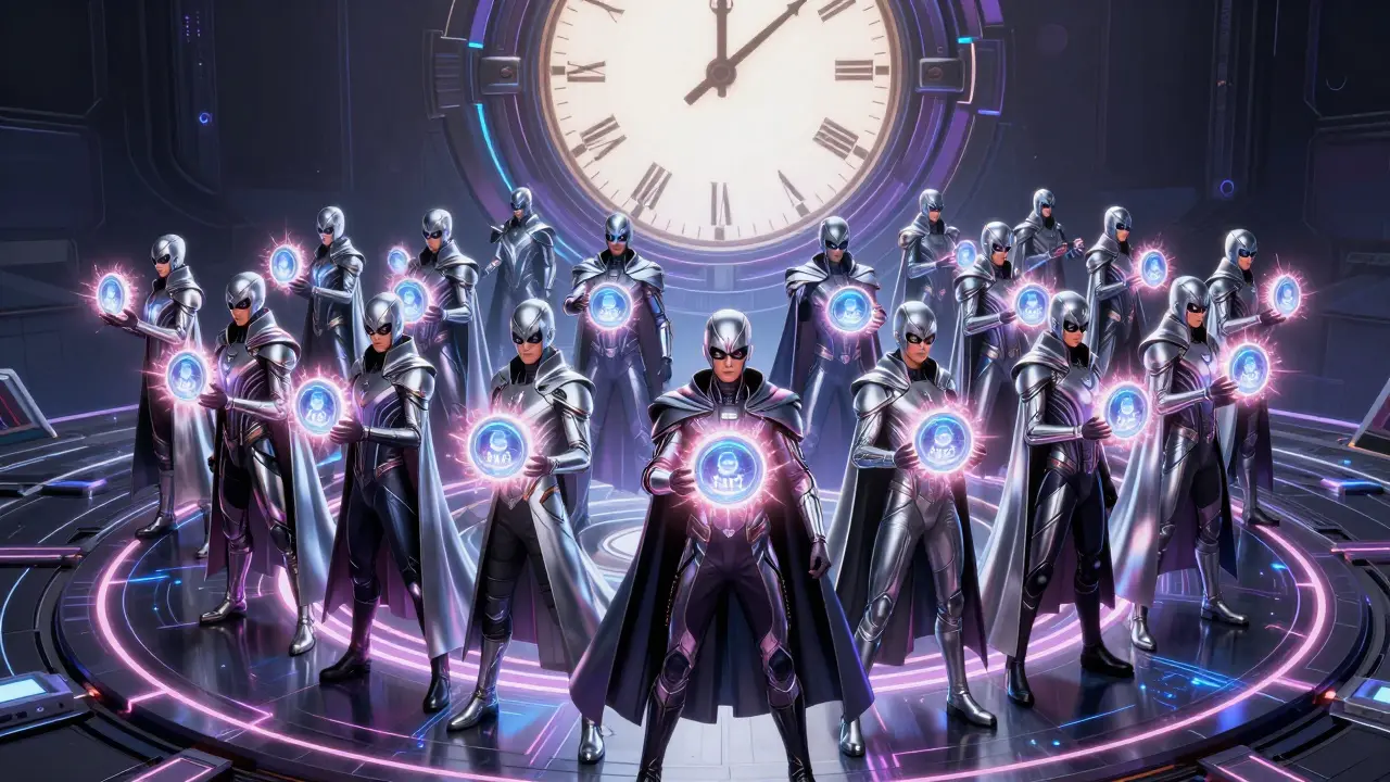 223 masked heroes stand in a circle on a blockchain platform, each holding a glowing Legendary NFT as a countdown clock looms above.