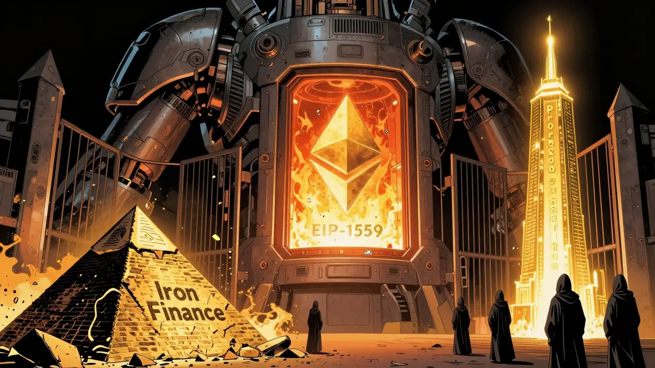 A burning furnace destroys a failing token pyramid while a golden tower rises, guarded by stakers under dramatic lighting.