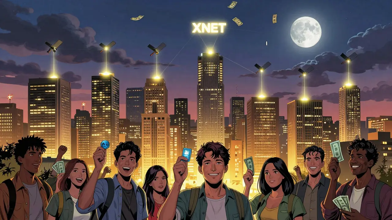 A city skyline lit by hundreds of XNET hotspots connecting to carrier satellites, with tokens raining down.