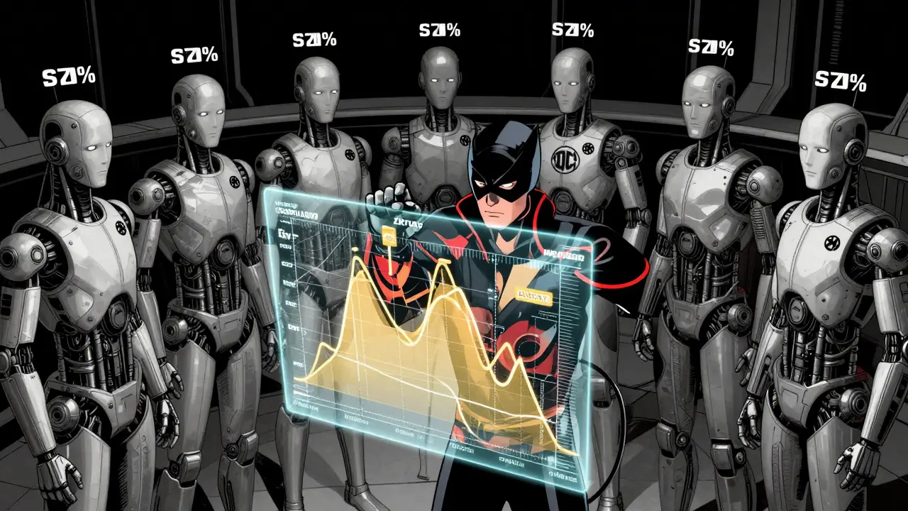 A DAO voting chamber filled with identical robotic Sybil voters, countered by a hero activating a trust entropy graph.